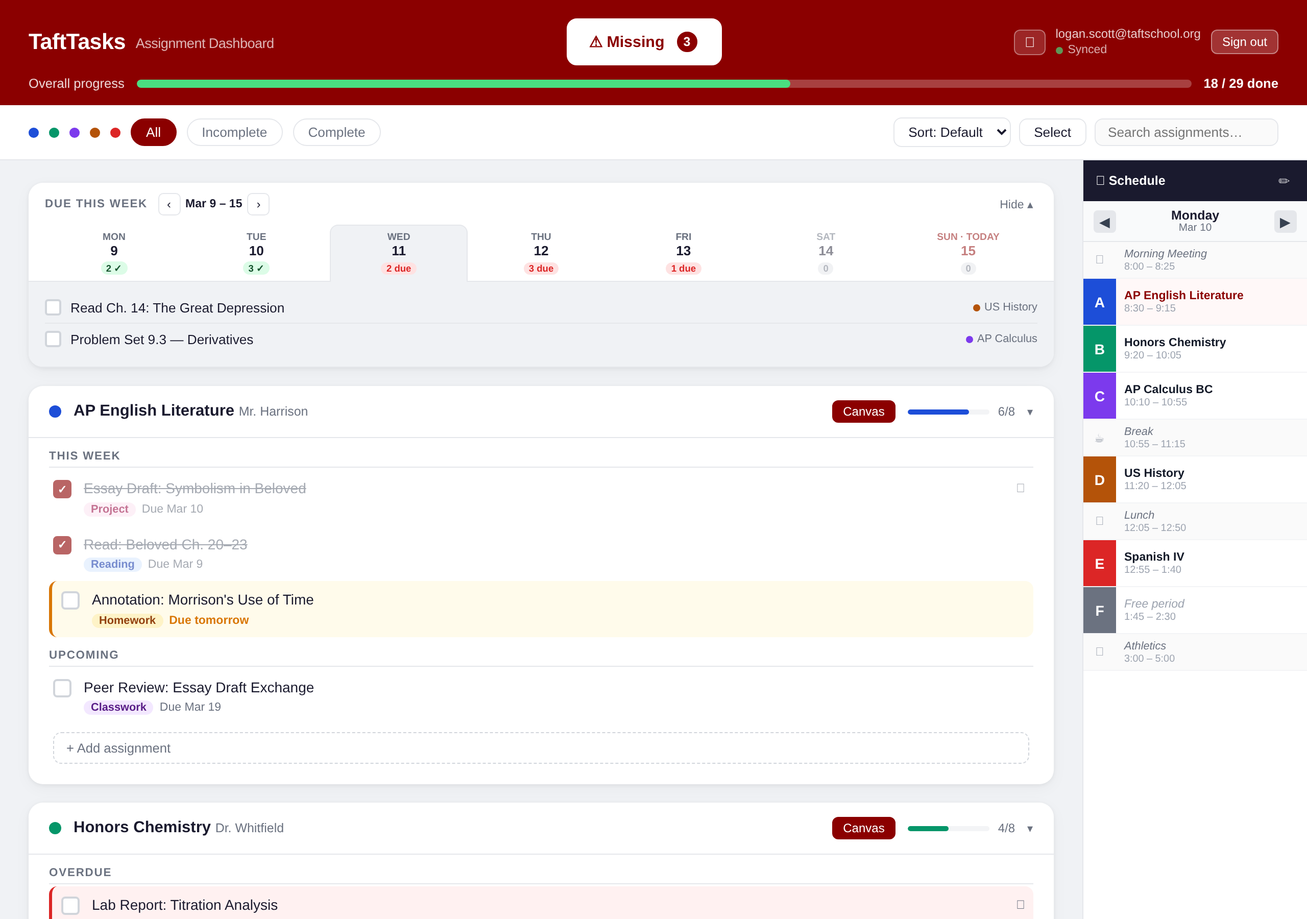 TaftTasks dashboard showing courses, assignments, and schedule